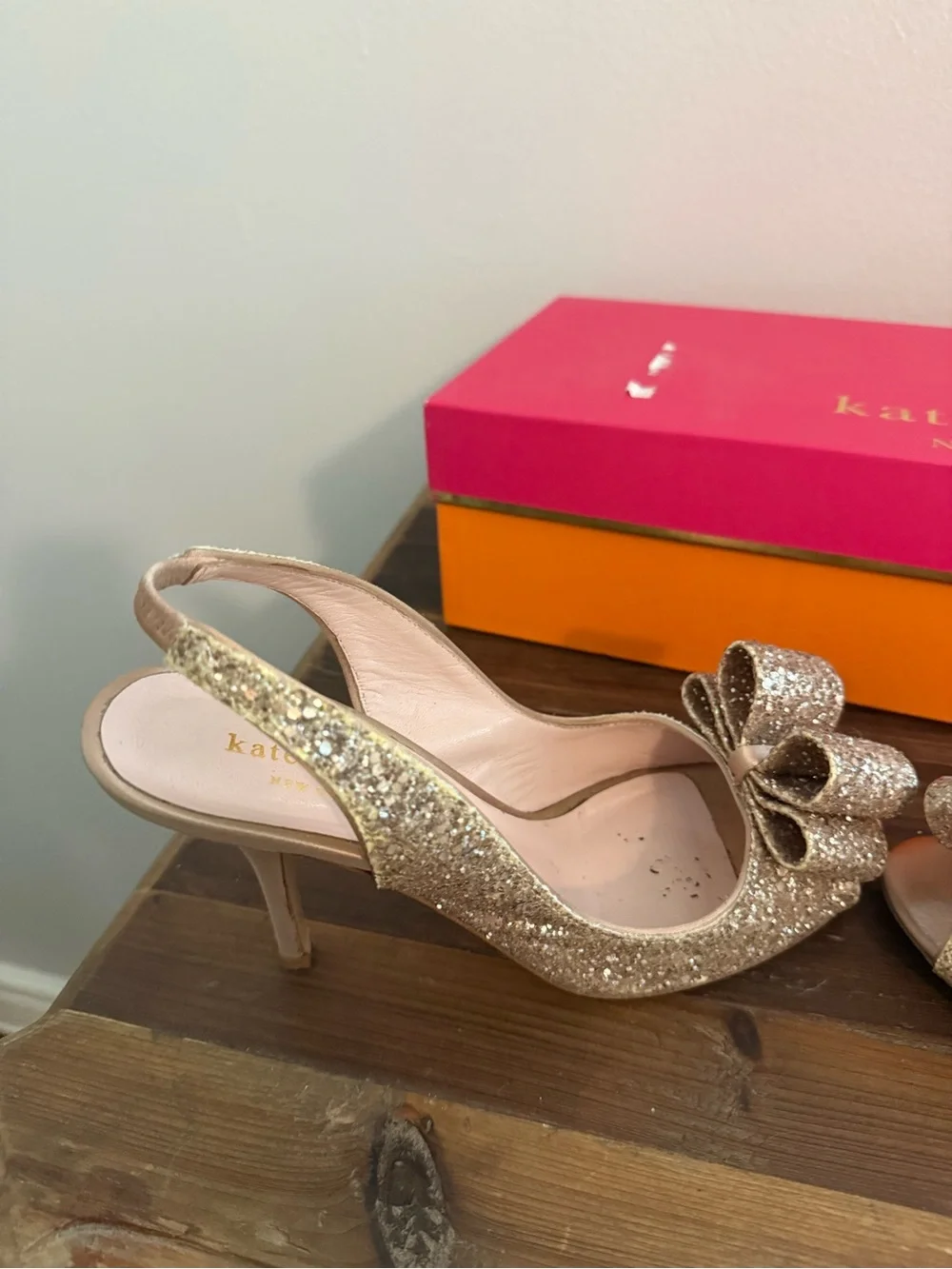 Kate Spade Rose Gold Glitter Slingback Peep-Toe Heels